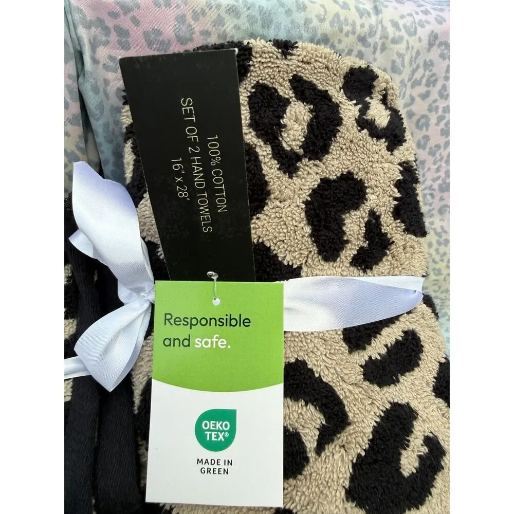 Rachel Zoe Leopard 8-Piece 100% Cotton Towel Set Black Beige NWT